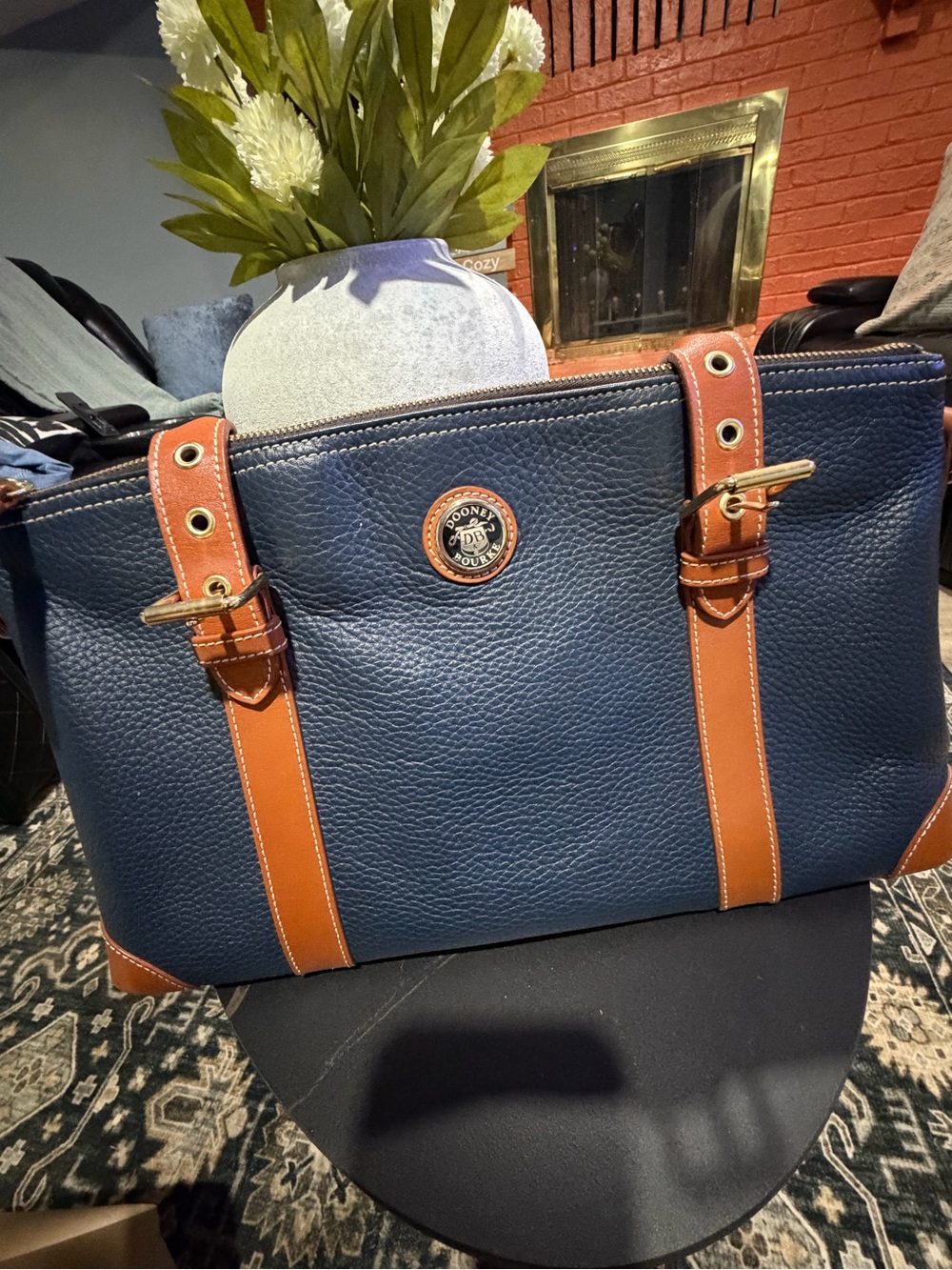 Dooney & Bourke  vintage Navy Pebbled Leather Tote with Brown Trim